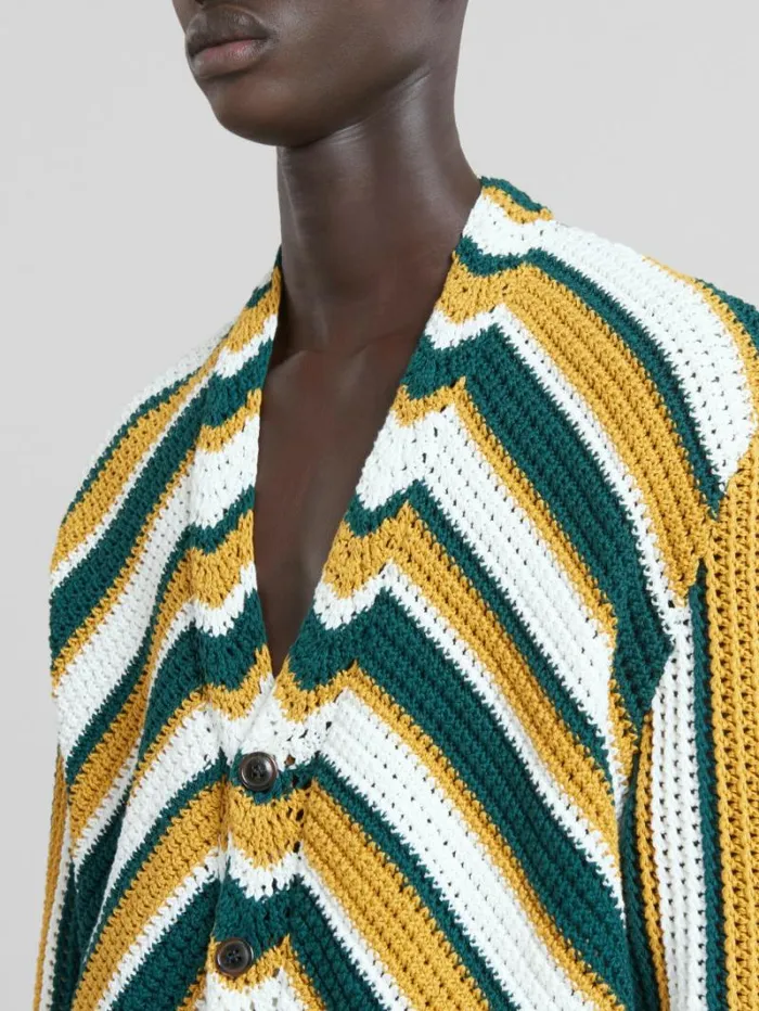 Men Marni Knitwear Teal And Yellow Crochet Cardigan With Chevron Pattern