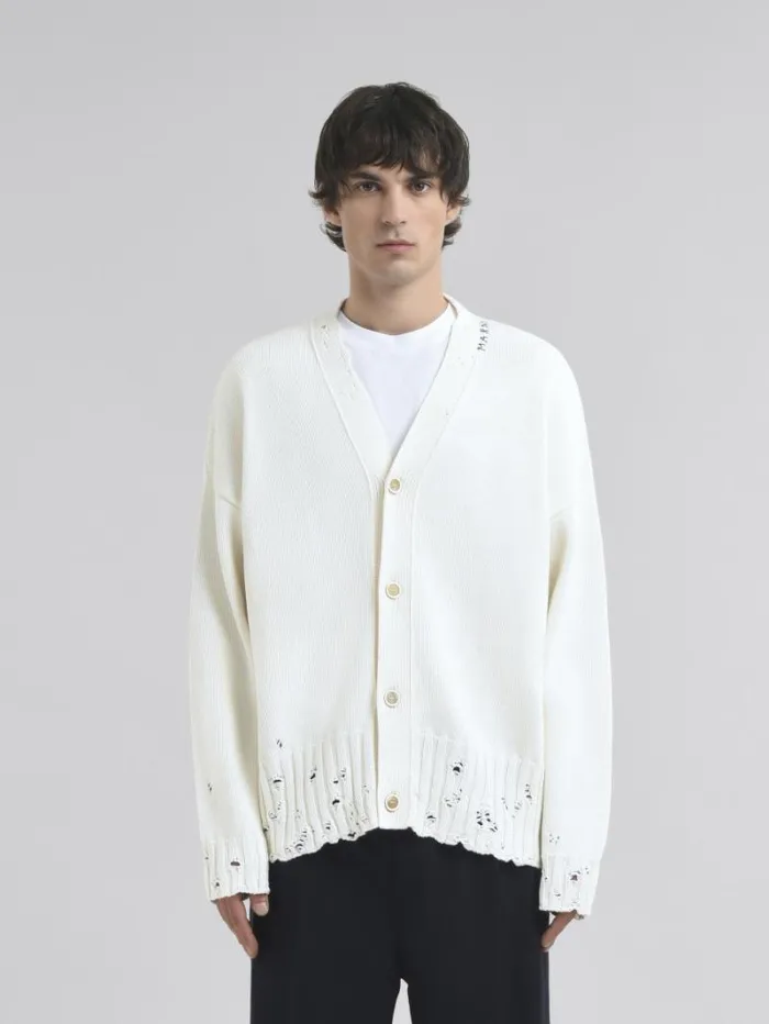 Men Marni Knitwear White Dishevelled Cotton Cardigan With Marni Mending