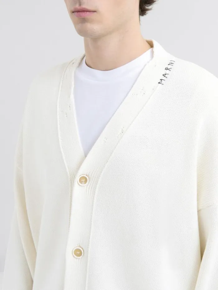 Men Marni Knitwear White Dishevelled Cotton Cardigan With Marni Mending