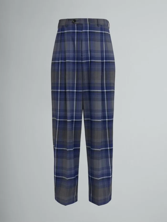 Men Marni Pants Blue Checked Wool Pleated Trousers