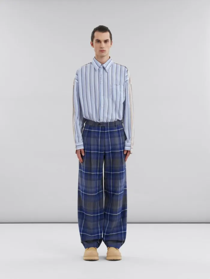 Men Marni Pants Blue Checked Wool Pleated Trousers