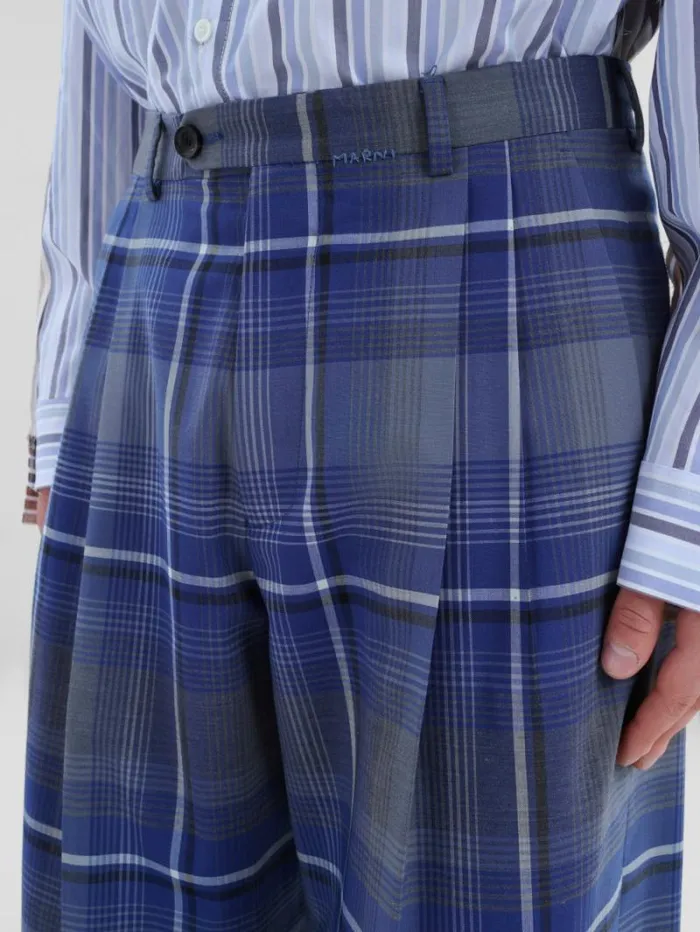 Men Marni Pants Blue Checked Wool Pleated Trousers