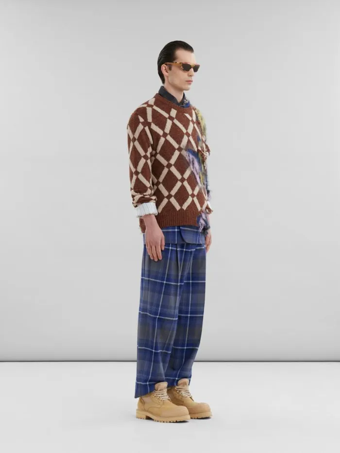 Men Marni Pants Blue Checked Wool Pleated Trousers