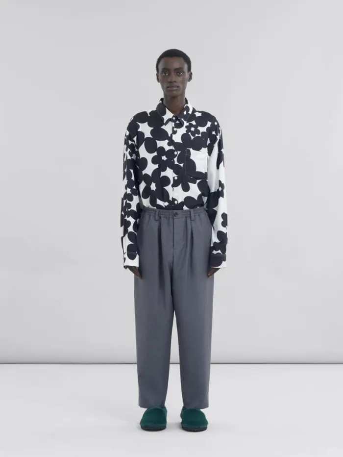 Men Marni Pants Grey Tropical Wool Trousers With Drawstring Waist