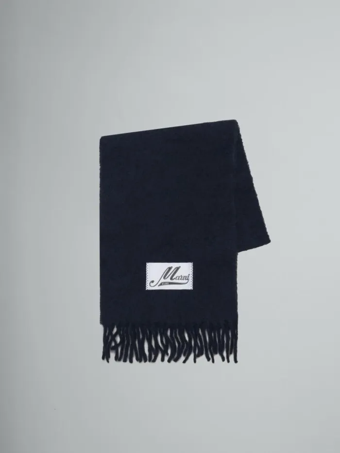 Men Marni Scarves Deep Blue Brushed Alpaca Scarf With Fringes