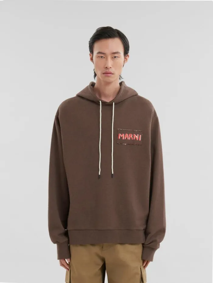 Men Marni Sweatshirts Brown Melange Cotton Hoodie With Marni Patch