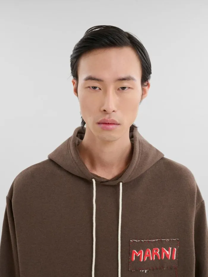 Men Marni Sweatshirts Brown Melange Cotton Hoodie With Marni Patch