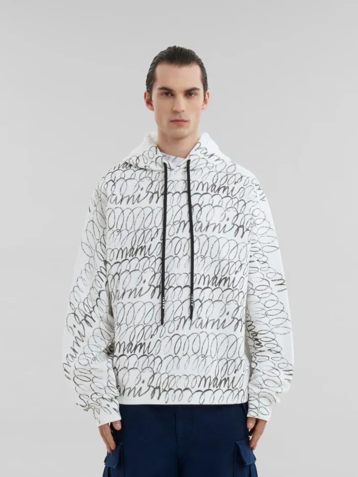Men Marni Sweatshirts White Organic Cotton Hoodie With Marni Scribble Motif