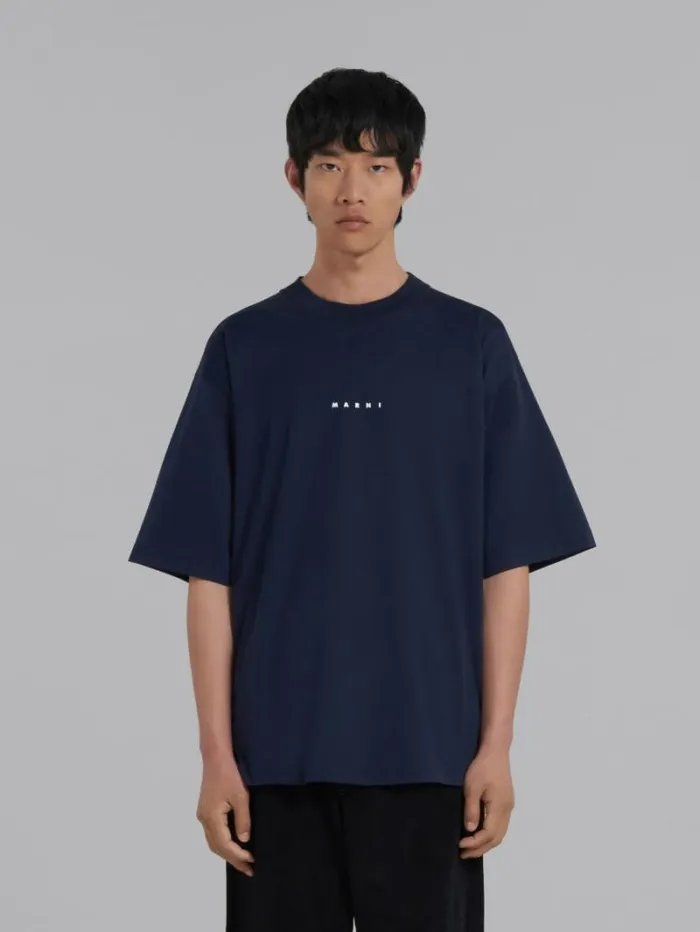 Men Marni Tops and Tshirts Dark Blue Organic Cotton TShirt With Mini Logo Marni