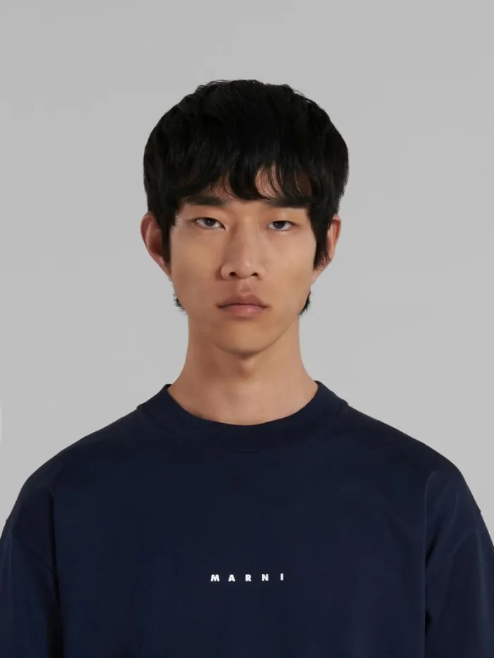 Men Marni Tops and Tshirts Dark Blue Organic Cotton TShirt With Mini Logo Marni