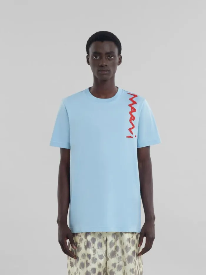 Men Marni Tops and Tshirts Light Blue Organic Cotton TShirt With Marni Mending Logo