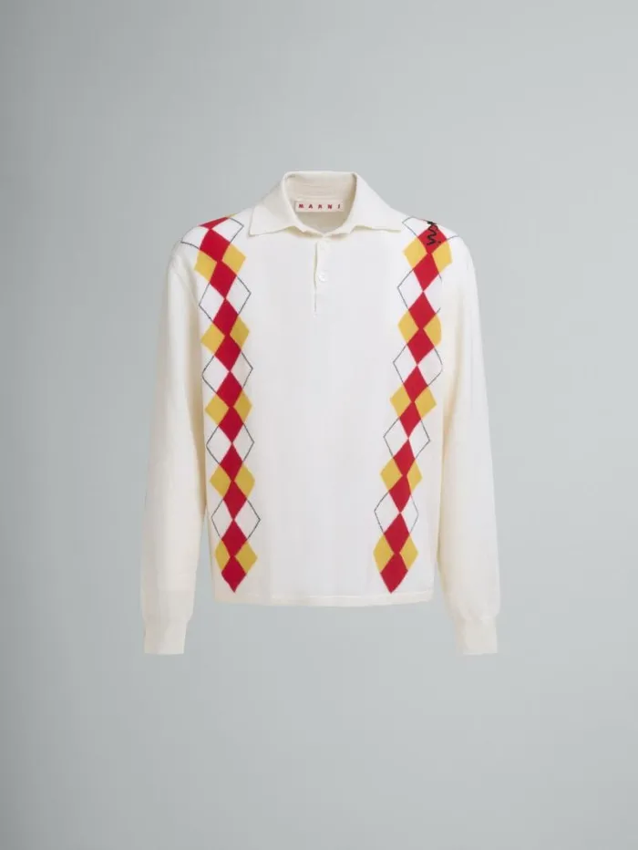 Men Marni Tops and Tshirts Long Sleeved Ivory Polo Shirt With Intarsia Argyle Detail