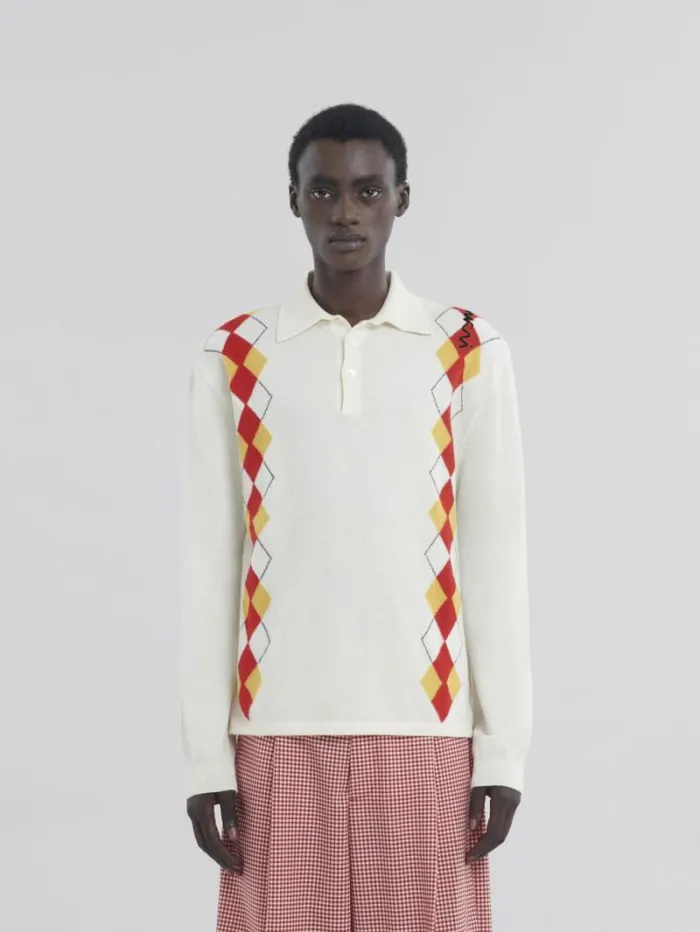 Men Marni Tops and Tshirts Long Sleeved Ivory Polo Shirt With Intarsia Argyle Detail