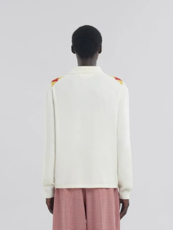 Men Marni Tops and Tshirts Long Sleeved Ivory Polo Shirt With Intarsia Argyle Detail