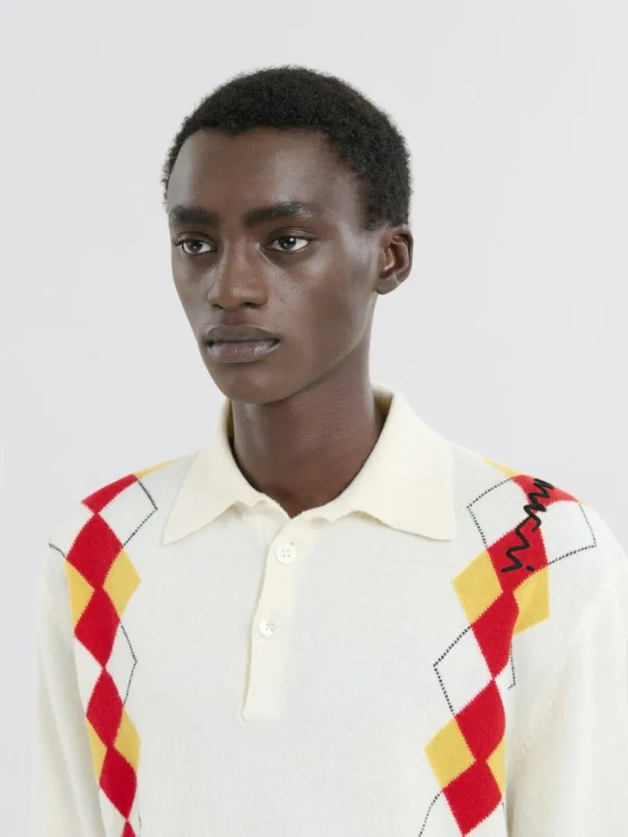 Men Marni Tops and Tshirts Long Sleeved Ivory Polo Shirt With Intarsia Argyle Detail