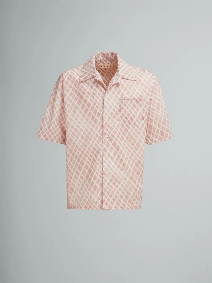 Men Marni Tops and Tshirts Pink Poplin Bowling Shirt With Landscapes Print
