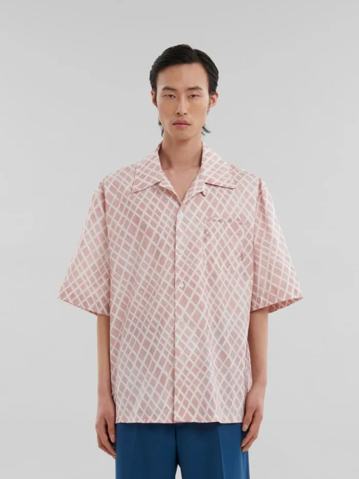 Men Marni Tops and Tshirts Pink Poplin Bowling Shirt With Landscapes Print