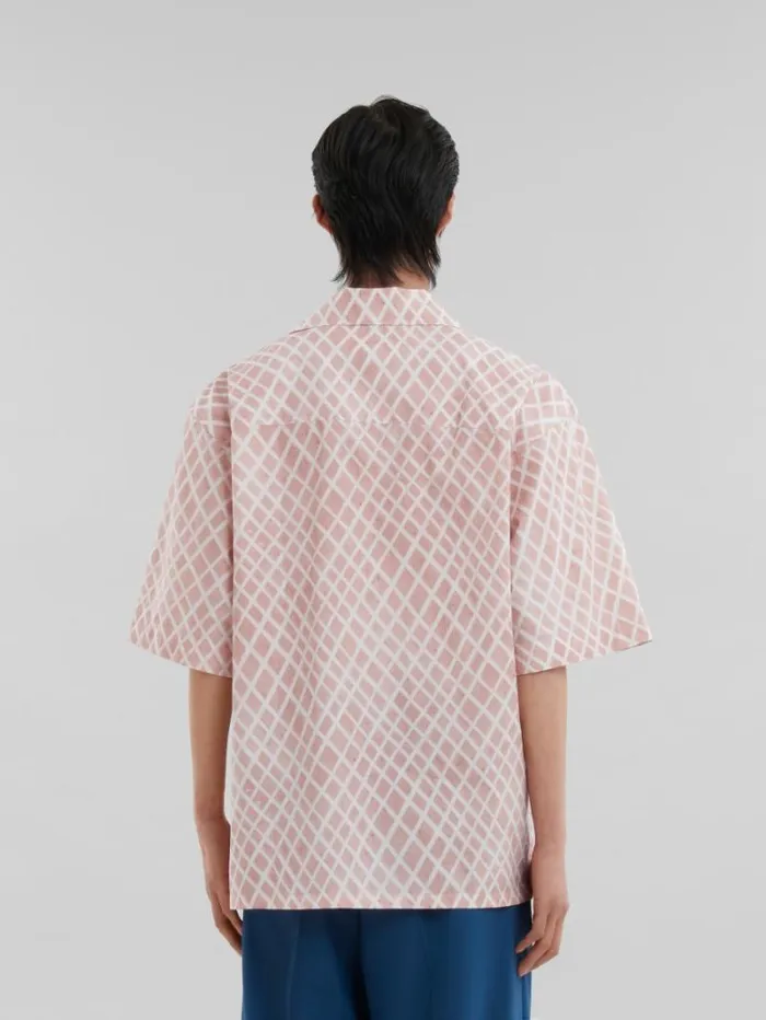 Men Marni Tops and Tshirts Pink Poplin Bowling Shirt With Landscapes Print