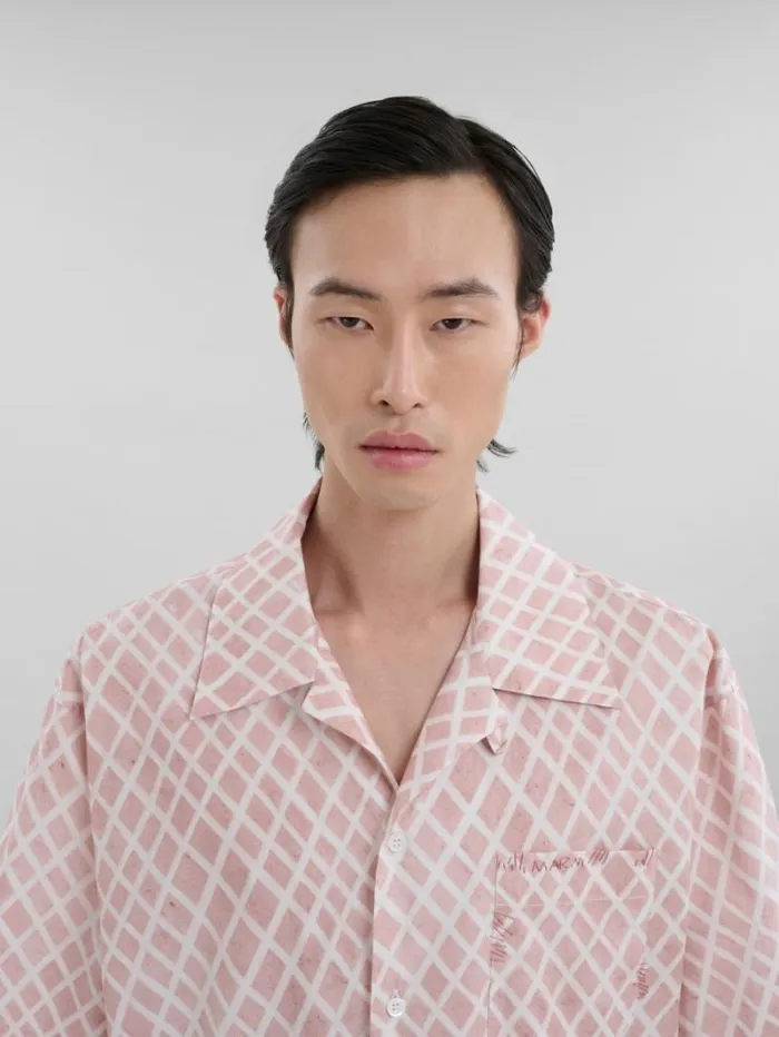 Men Marni Tops and Tshirts Pink Poplin Bowling Shirt With Landscapes Print