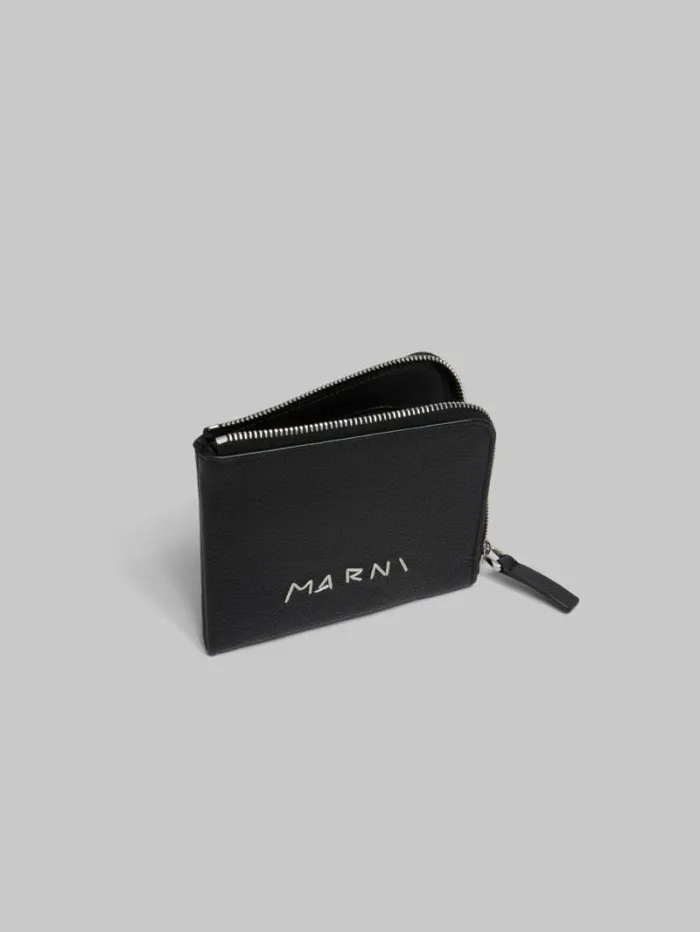 Men Marni Wallets and Small Leather Goods Black Leather ZipAround Wallet With Marni Mending Embroidery