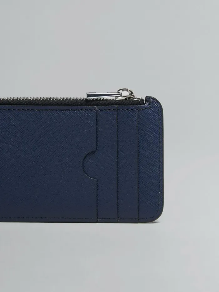 Men Marni Wallets and Small Leather Goods Blue And Black Saffiano Leather ZipAround Card Case