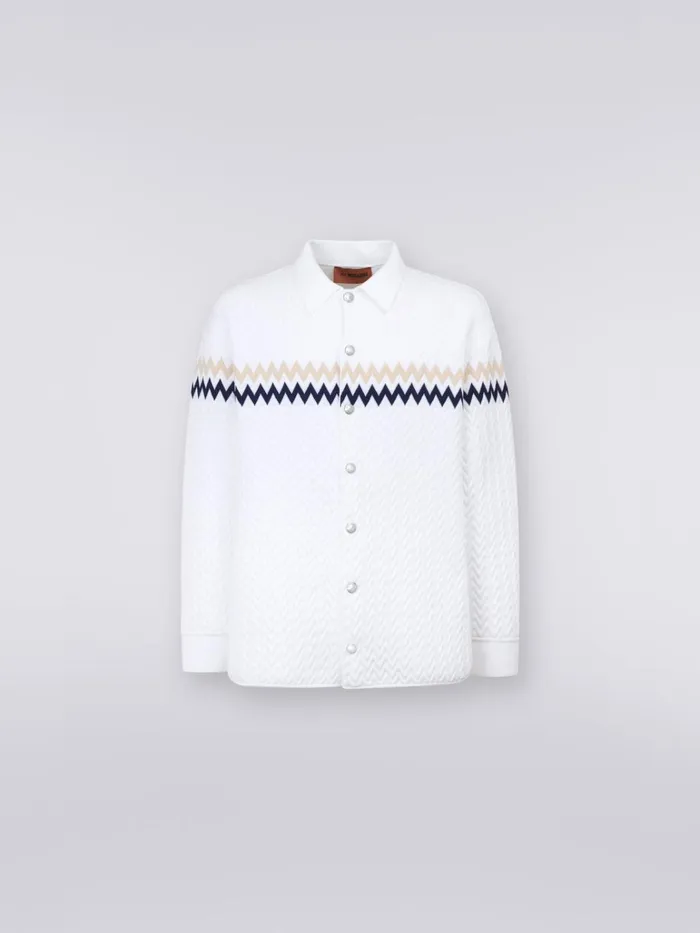 Men NylonBlend Overshirt With Zigzag Stitching And Contrasting Details White Beige and Blue Missoni Coats and Jackets