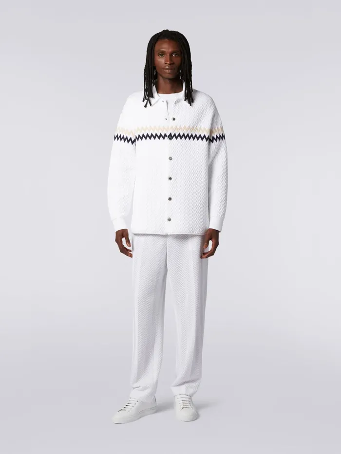 Men NylonBlend Overshirt With Zigzag Stitching And Contrasting Details White Beige and Blue Missoni Coats and Jackets