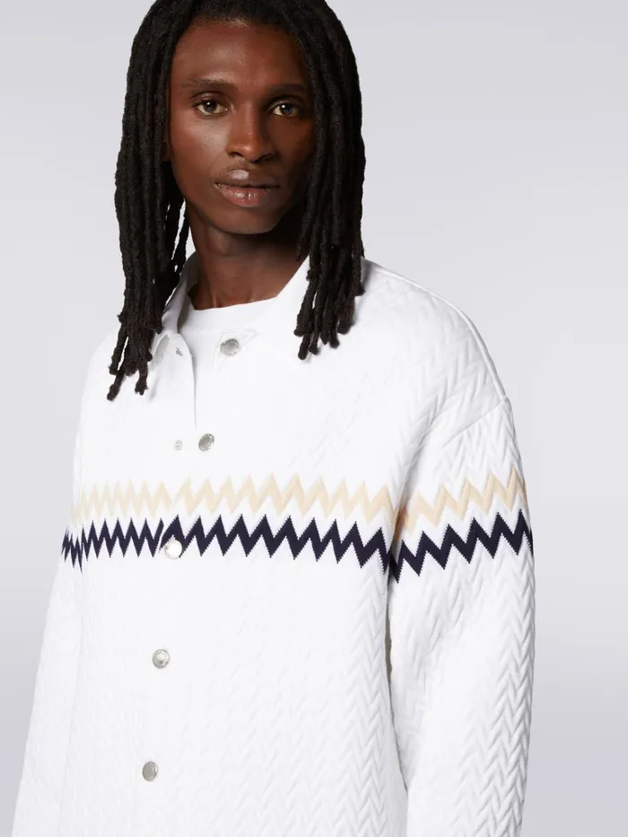 Men NylonBlend Overshirt With Zigzag Stitching And Contrasting Details White Beige and Blue Missoni Coats and Jackets