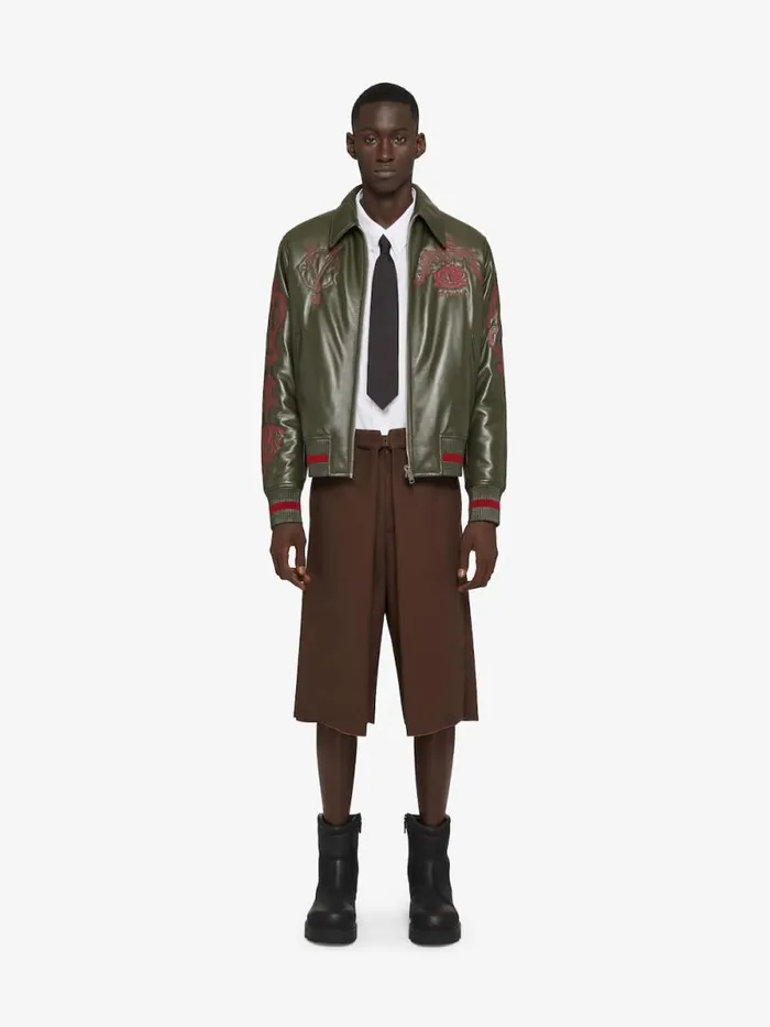 Men Outerwear and Blousons Givenchy GIVENCHY Crest Bomber Jacket In Embroidered Leather Olive Green