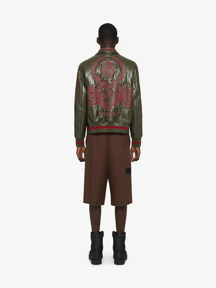Men Outerwear and Blousons Givenchy GIVENCHY Crest Bomber Jacket In Embroidered Leather Olive Green
