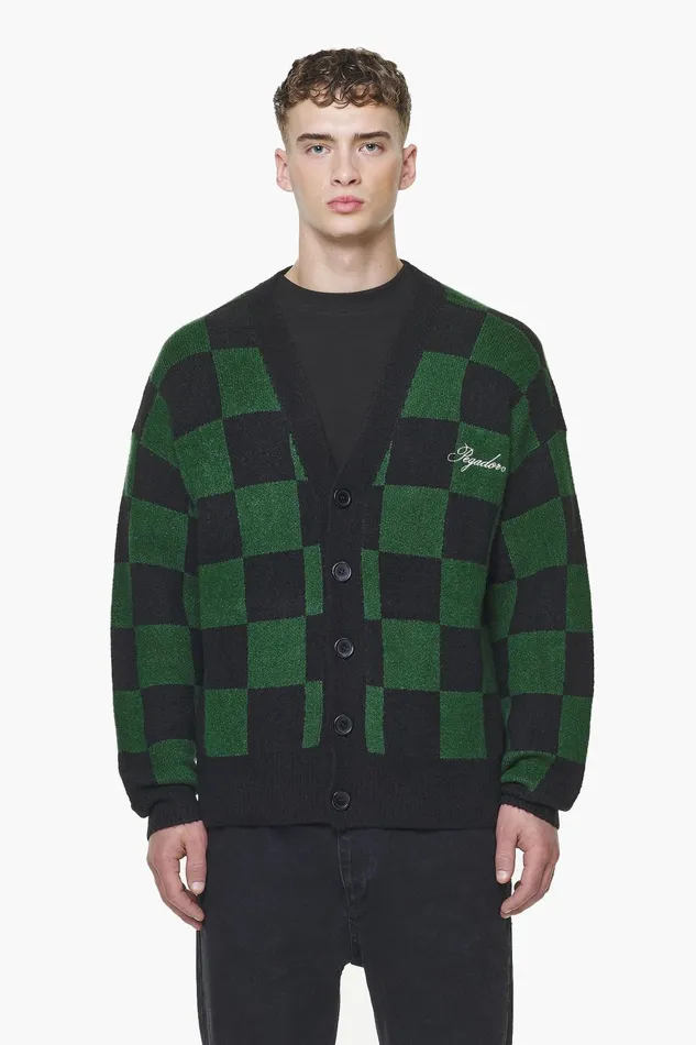 Men Pegador Knitwear Todd Checkered Knit Cardigan Onyx Black British Green