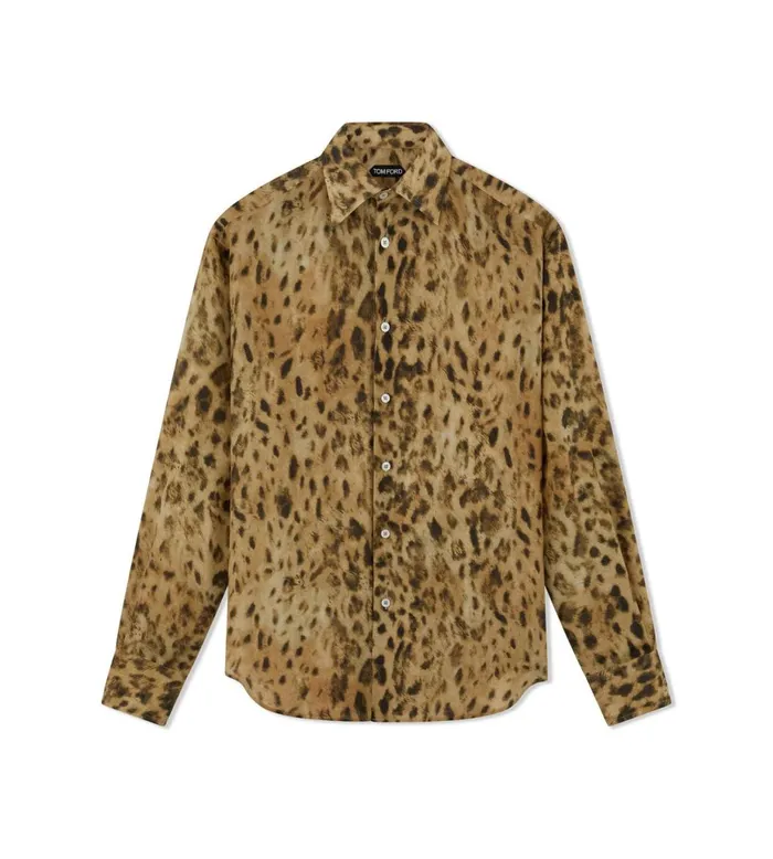 Men Shirts Tom Ford Distressed Leopard Crepe De Chine Fluid Fit Shirt Leopard