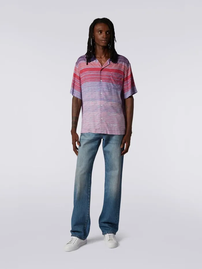 Men ShortSleeved Cotton Bowling Shirt Red Purple and Light Blue Missoni Shirts