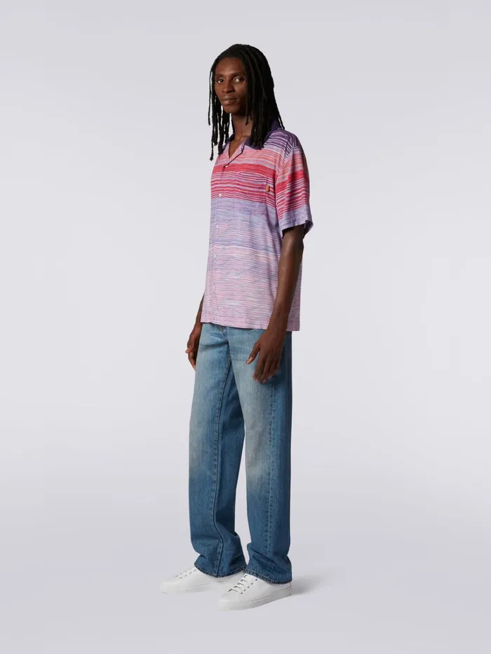 Men ShortSleeved Cotton Bowling Shirt Red Purple and Light Blue Missoni Shirts