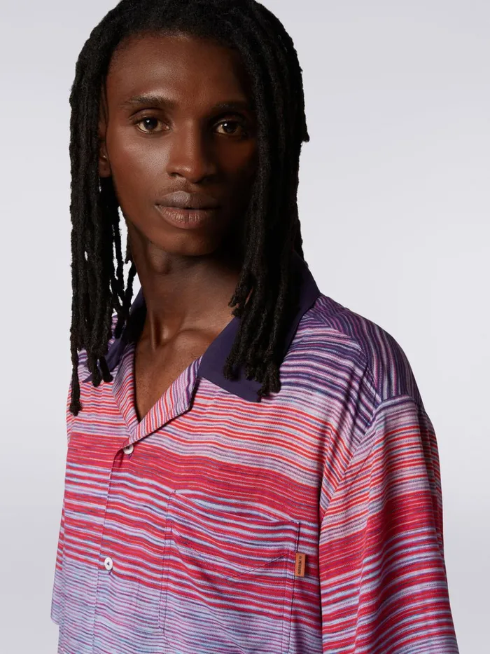 Men ShortSleeved Cotton Bowling Shirt Red Purple and Light Blue Missoni Shirts
