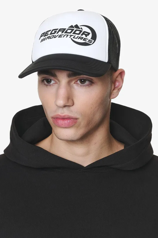 MenWomen Pegador Caps and Hats Eazor Trucker Cap Black White