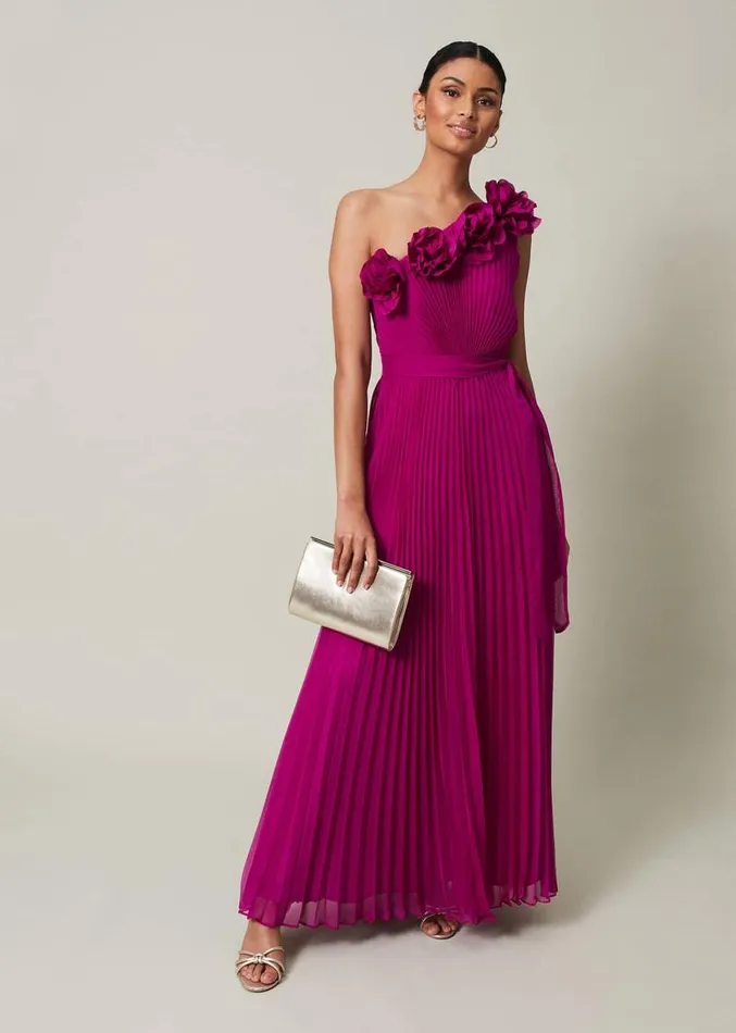 Minnie One Shoulder Pleated Maxi Dress Magenta Women Phase Eight Dresses