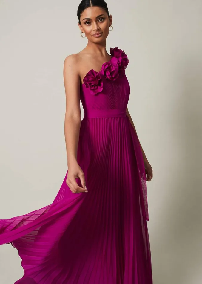 Minnie One Shoulder Pleated Maxi Dress Magenta Women Phase Eight Dresses