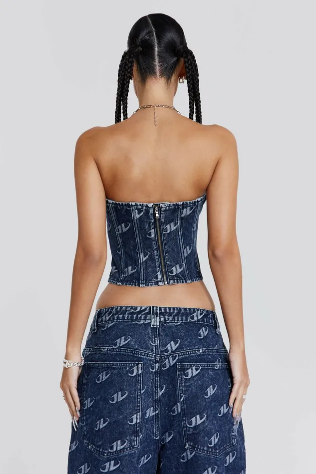 Monogram Strapless Corset Top Blue Women Jaded London Corsets