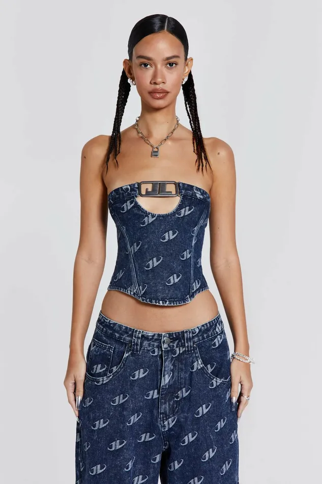Monogram Strapless Corset Top Blue Women Jaded London Corsets Monogram Strapless Corset Top Blue Women Jaded London Corsets