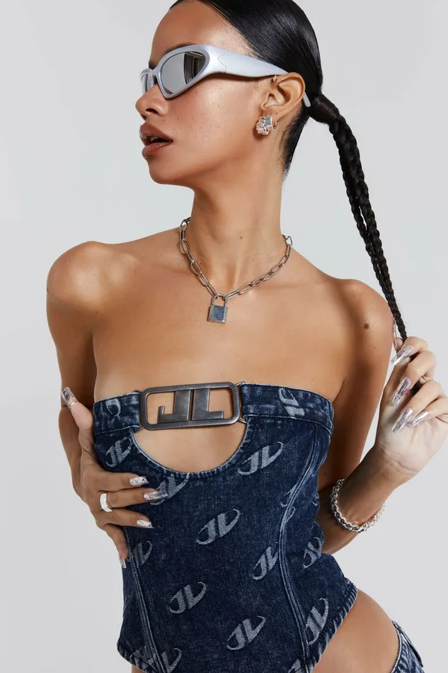 Monogram Strapless Corset Top Blue Women Jaded London Corsets Monogram Strapless Corset Top Blue Women Jaded London Corsets