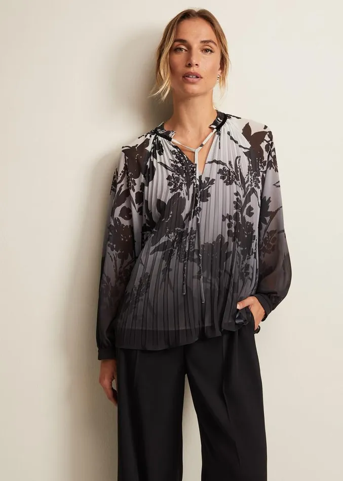 Nayla Shadow Floral Pleat Top Grey Women Phase Eight Shirts and Blouses