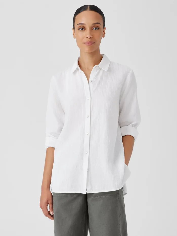 Organic Cotton Ripple Classic Collar Shirt White Women Eileen Fisher Tops and Tees