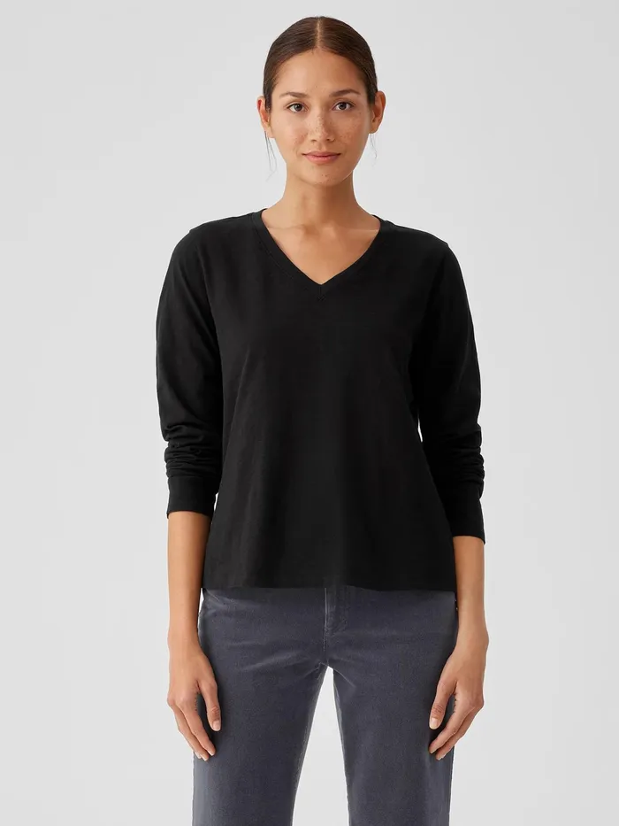 Organic Cotton Slub VNeck Top Black Women Eileen Fisher Tops and Tees