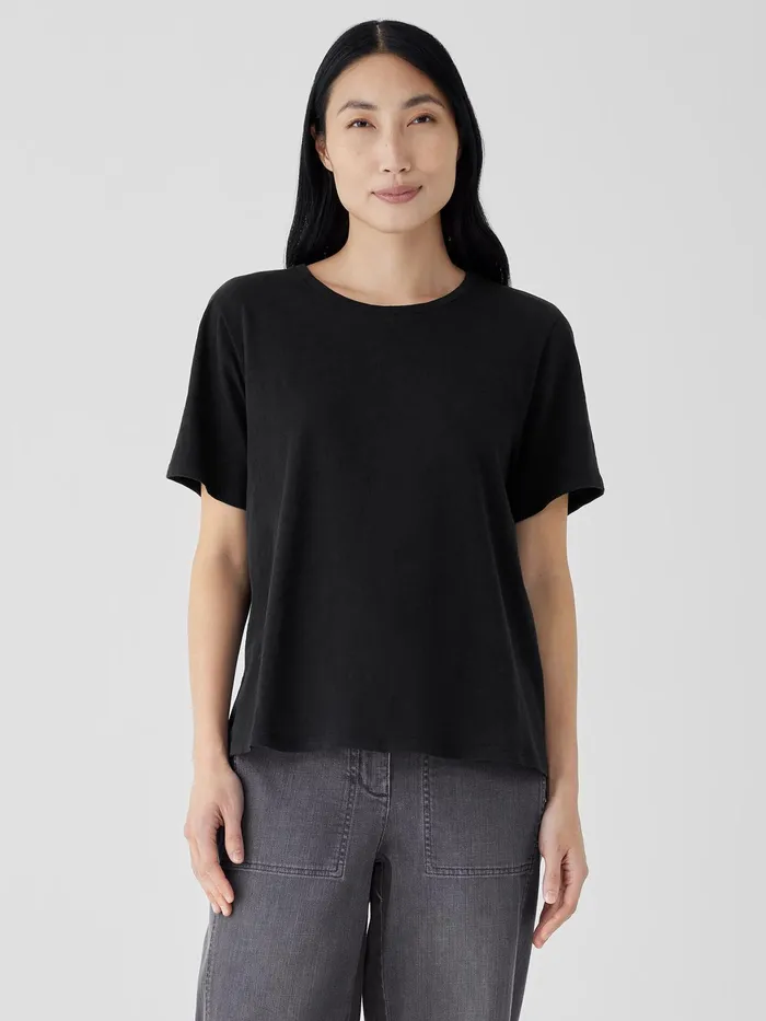 Organic Cotton Slubby Jersey Tee Black Women Eileen Fisher Tops and Tees