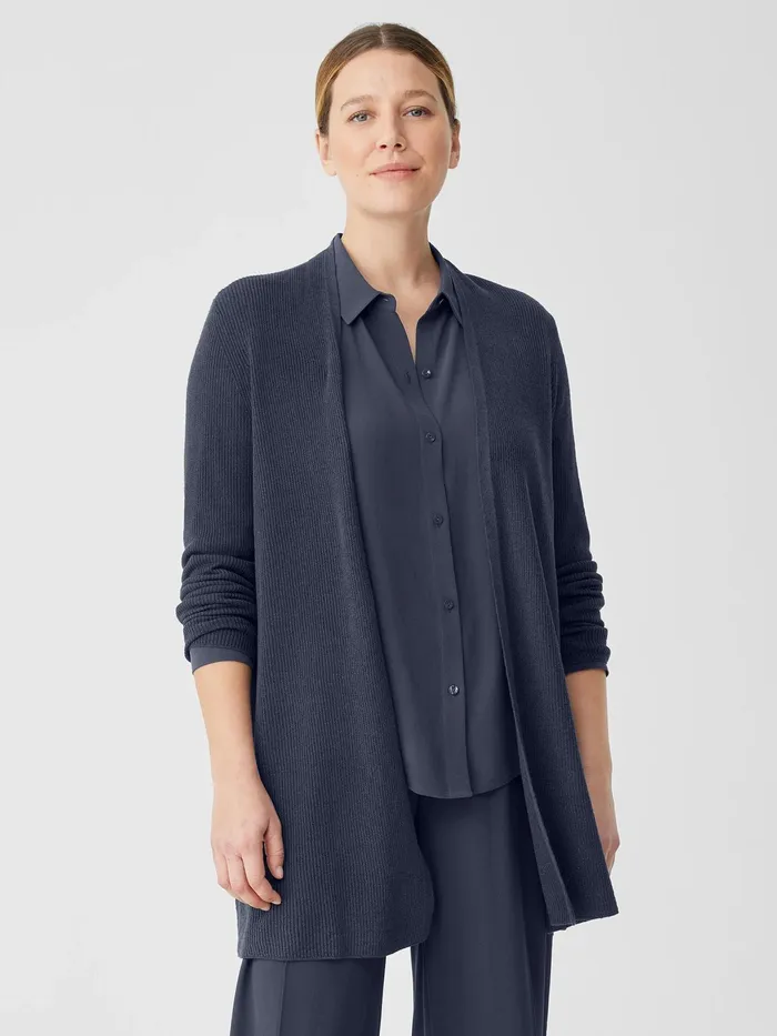 Organic Linen Cotton Airy Tuck Long Cardigan Ocean Women Eileen Fisher Sweaters and Cardigans