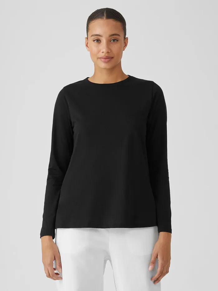 Organic Pima Cotton Jersey Round Neck Top Black Women Eileen Fisher Tops and Tees