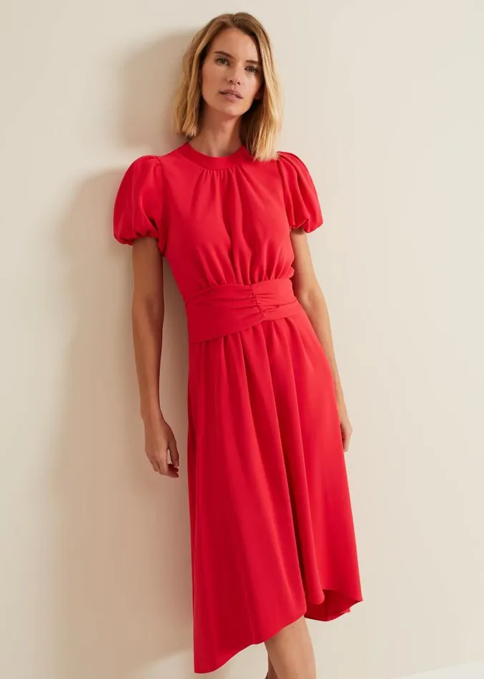 Paulina Coral Puff Sleeve Midi Dress Coral Women Phase Eight Dresses
