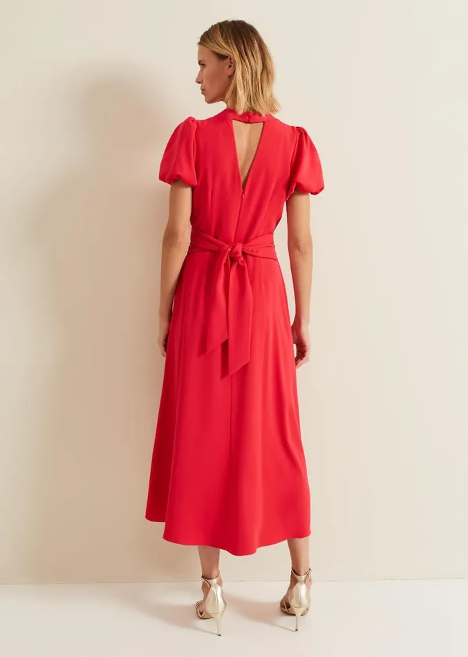 Paulina Coral Puff Sleeve Midi Dress Coral Women Phase Eight Dresses