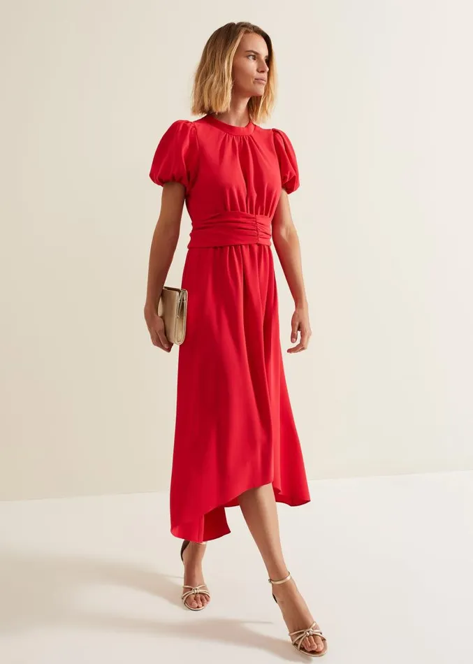 Paulina Coral Puff Sleeve Midi Dress Coral Women Phase Eight Dresses